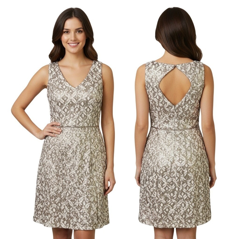 Hailey Adrianna Papell Dress 4 Beige‎ Gold Sequin Lace Sleeveless Elegant Party